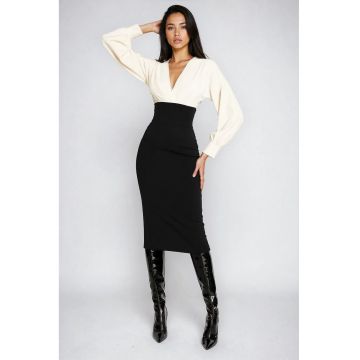 Rochie midi cu decolteu in V - Alb fildes/Negru