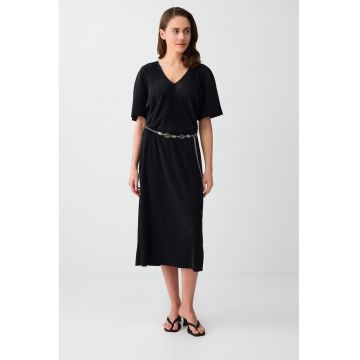 Rochie midi cu decolteu in V - Negru