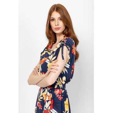 Rochie midi cu decolteu in V si imprimeu floral Veltica - Galben/Portocaliu/Bleumarin
