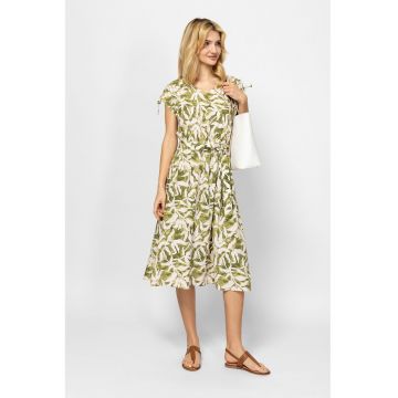 Rochie midi cu decolteu in V si imprimeu floral Veltica - Verde deschis/Alb murdar