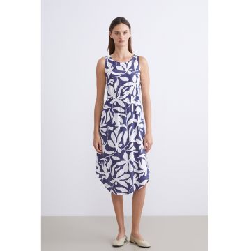 Rochie midi cu talie elastica - Alb/Albastru indigo