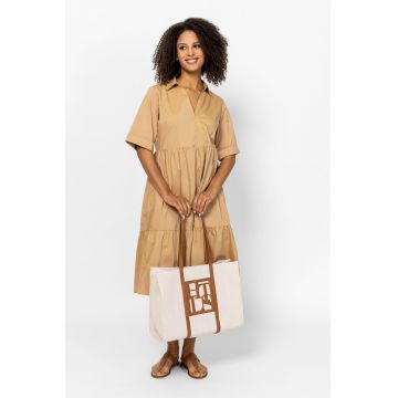 Rochie midi din amestec de bumbac cu buzunare laterale Vomara - Bej