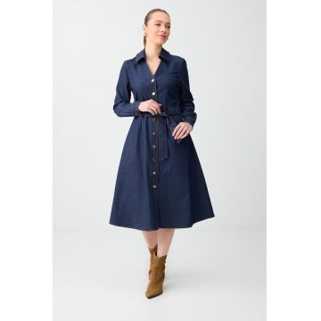 Rochie midi din denim cu cordon - Bleumarin