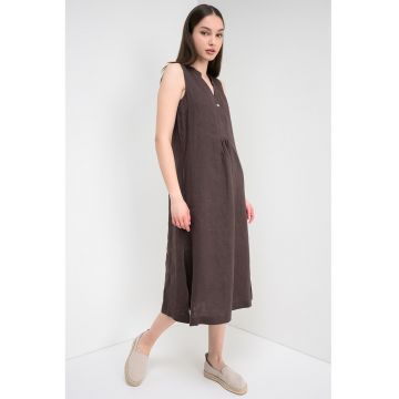 Rochie midi din in - Maro inchis