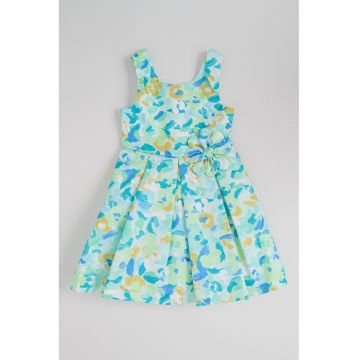 Rochie midi evazata - Albastru pastel/Verde deschis