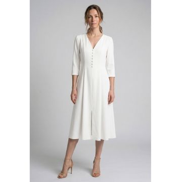 Rochie midi evazata cu decolteu in V - Alb optic