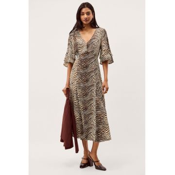 Rochie midi evazata cu decolteu in V - Crem/Maro pamantiu