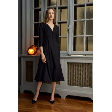 Rochie midi evazata cu decolteu in V - Negru