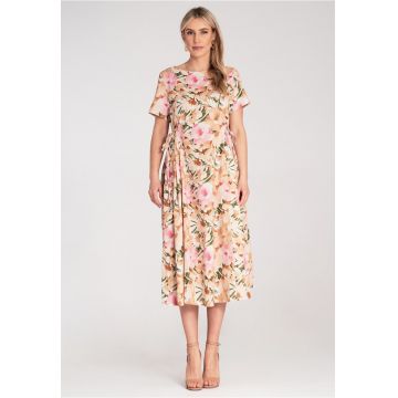 Rochie midi -  imprimeu floral pastelat - ajustare in talie - ecru -