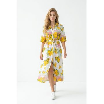 Rochie midi tip camasa de vara din bumbac alb cu imprimeu Amalfi roz cu lamai galbene