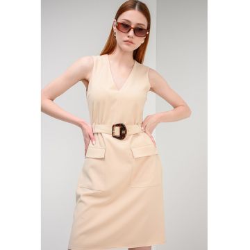 Rochie mini cu croiala dreapta si buzunare supradimensionate cu clapa Kanda - Bej