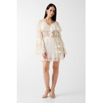 Rochie mini cu volane si canafi - Alb fildes