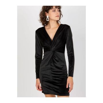 Rochie Mini din Catifea Neagră cu Nod în Față și Mâneci Lungi
