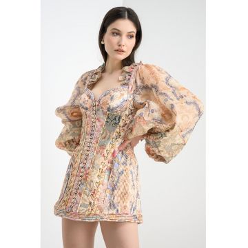 Rochie mini din in cu maneci bufante - Multicolor