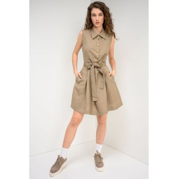 Rochie mini evazata din amestec de in cu nasturi decorativi - Maro taupe
