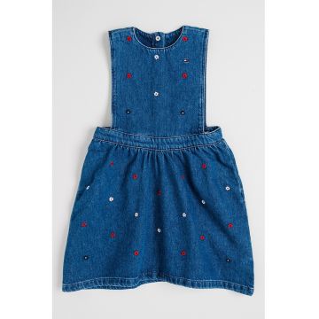Rochie-sarafan din denim cu flori brodate - Albastru inchis