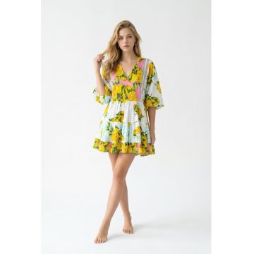 Rochie scurta de vara din bumbac alb cu imprimeu Amalfi roz cu lamai galbene - Alb/Galben/Roz