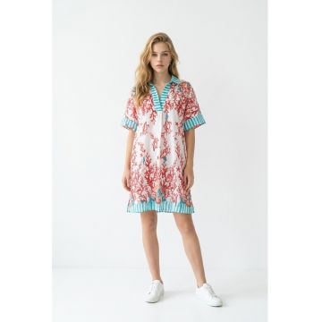 Rochie scurta de vara din bumbac alb cu imprimeu cu corali albastru cu rosu Amalfi