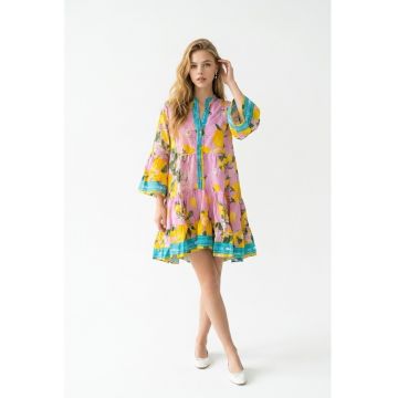 Rochie scurta de vara din bumbac cu imprimeu Amalfi - Galben/Turcoaz/Roz