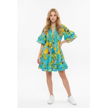 Rochie scurta de vara din bumbac cu imprimeu Amalfi - Galben/Turcoaz