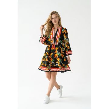 Rochie scurta de vara din bumbac cu imprimeu Amalfi - Negru/Portocaliu