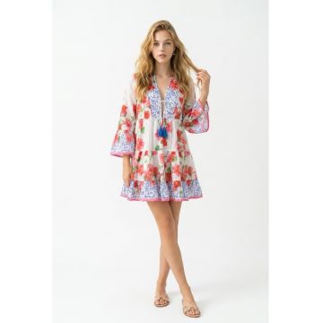 Rochie scurta de vara din bumbac cu imprimeu Amalfi - Rosu/Albastru
