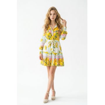 Rochie scurta de vara tip camasa din bumbac cu imprimeu Amalfi - Alb/Galben/Roz