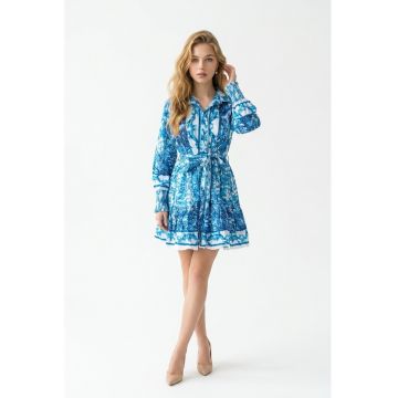 Rochie scurta de vara tip camasa din bumbac cu imprimeu Amalfi - Albastru