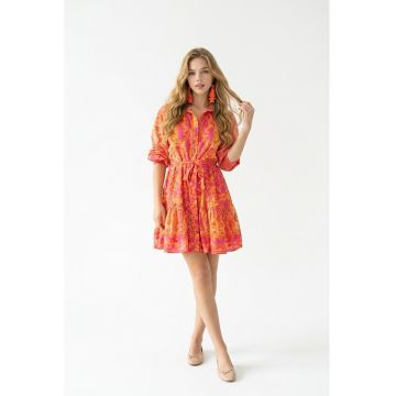 Rochie scurta de vara tip camasa din bumbac cu imprimeu Amalfi - Portocaliu/Roz