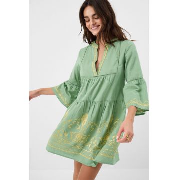 Rochie scurta din amestec de in cu croiala evazata si model brodat - Verde