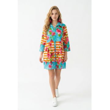 Rochie scurta tip camas de vara din bumbac alb cu imprimeu multicolor Positano Amalfi
