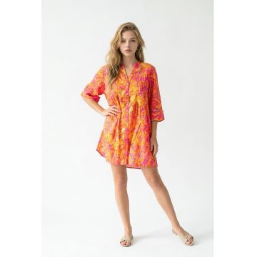 Rochie scurta tip camasa de vara din bumbac cu imprimeu Amalfi roz cu portocaliu