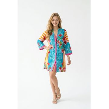 Rochie scurta tip camasa de vara din bumbac cu imprimeu multicolor Positano Amalfi