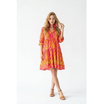 Rochie scurta tip camasa de vara din bumbac multicolor cu imprimeu Amalfi roz cu portocaliu
