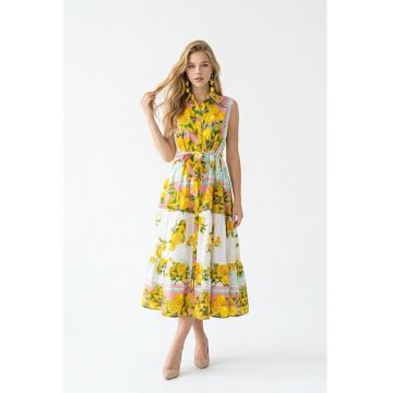 Rochie tip camasa midi de vara din bumbac cu imprimeu multicolor Amalfi - Alb/Galben/Roz