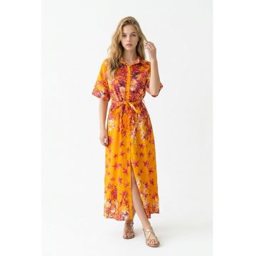 Rochie tip camasa midi de vara din bumbac cu imprimeu multicolor Amalfi - Portocaliu
