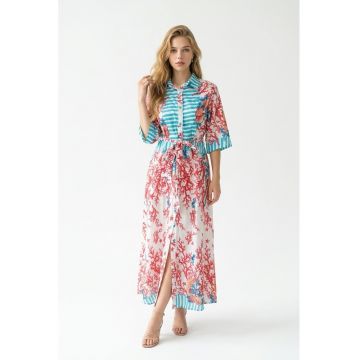 Rochie tip camasa midi de vara din bumbac cu imprimeu multicolor Amalfi - Rosu/Albastru