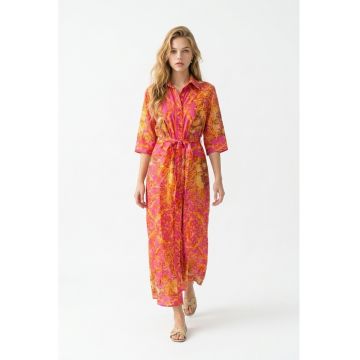 Rochie tip camasa midi de vara din bumbac cu imprimeu multicolor Amalfi - Roz