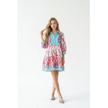 Rochie tip camasa scurta de vara din bumbac cu imprimeu multicolor Amalfi - Rosu/Alb/Albastru