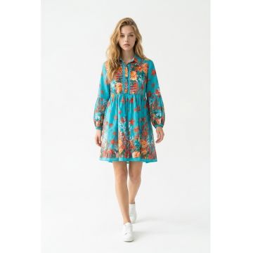 Rochie turcoaz cu imprimeu cu corali - Multicolor | Turcoaz