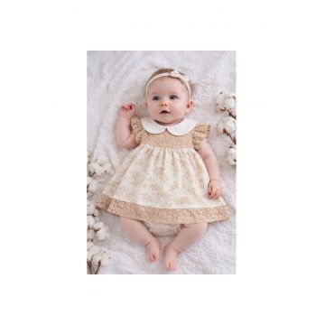 Rochita bebe eleganta cu body integrat din bumbac si dantela model floral