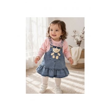 Rochita bebe fetita denim cu bluza din bumbac si aplicatie ursulet