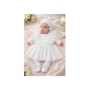 Rochita botez fetita din bumbac set elegant cu bonetica si accesorii