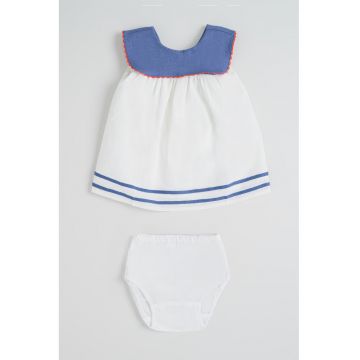Set de rochie din amestec de in si chiloti - Alb/Albastru prafuit