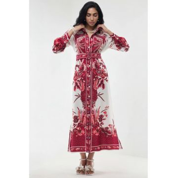 Rochie camasa lunga -  floral - maneca lunga - multicolor - poliester-elastan
