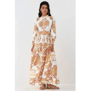 Rochie camasa maxi -  imprimeu Paisley - maneca lunga - multicolor - poliester-elastan