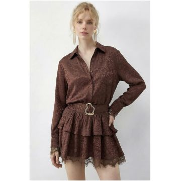 Rochie camasa midi -  imprimeu leopard - maro - satin - maneca lunga