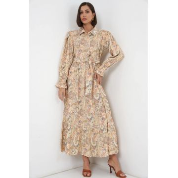 Rochie camasa midi  imprimeu paisley - galben chihlimbar - maneca lunga - cu curea - 80% viscoza - 20% nailon -