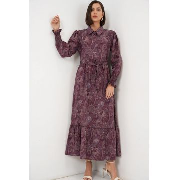 Rochie camasa midi  imprimeu paisley - rosu burgundy - maneca lunga - cu curea - 80% viscoza -