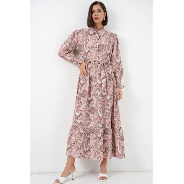 Rochie camasa midi  imprimeu paisley - roz carnation - maneca lunga - cu curea - 80% viscoza -